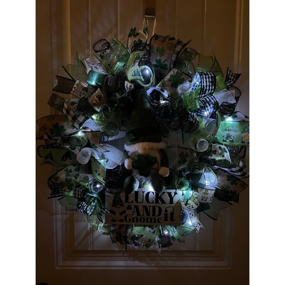 Handmade St. Patrick’s Day Lucky and Gnome it Ribbon Prelit Wreath 22 in LED W15 - Picture 10 of 12